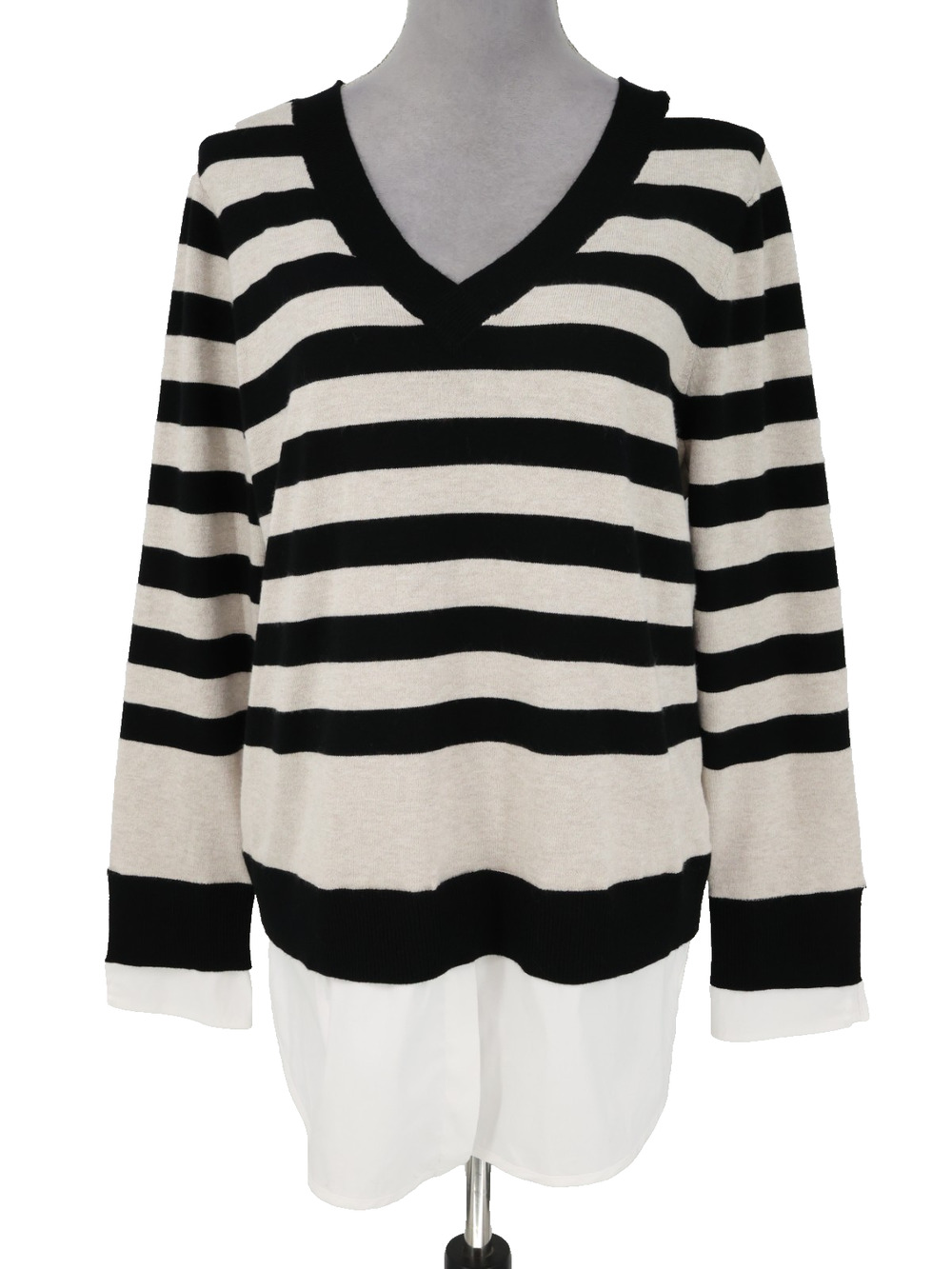 Chicos Sweater 2 Womens Large Beige Black Stripe Cotton Shirt Underlay New Tags
